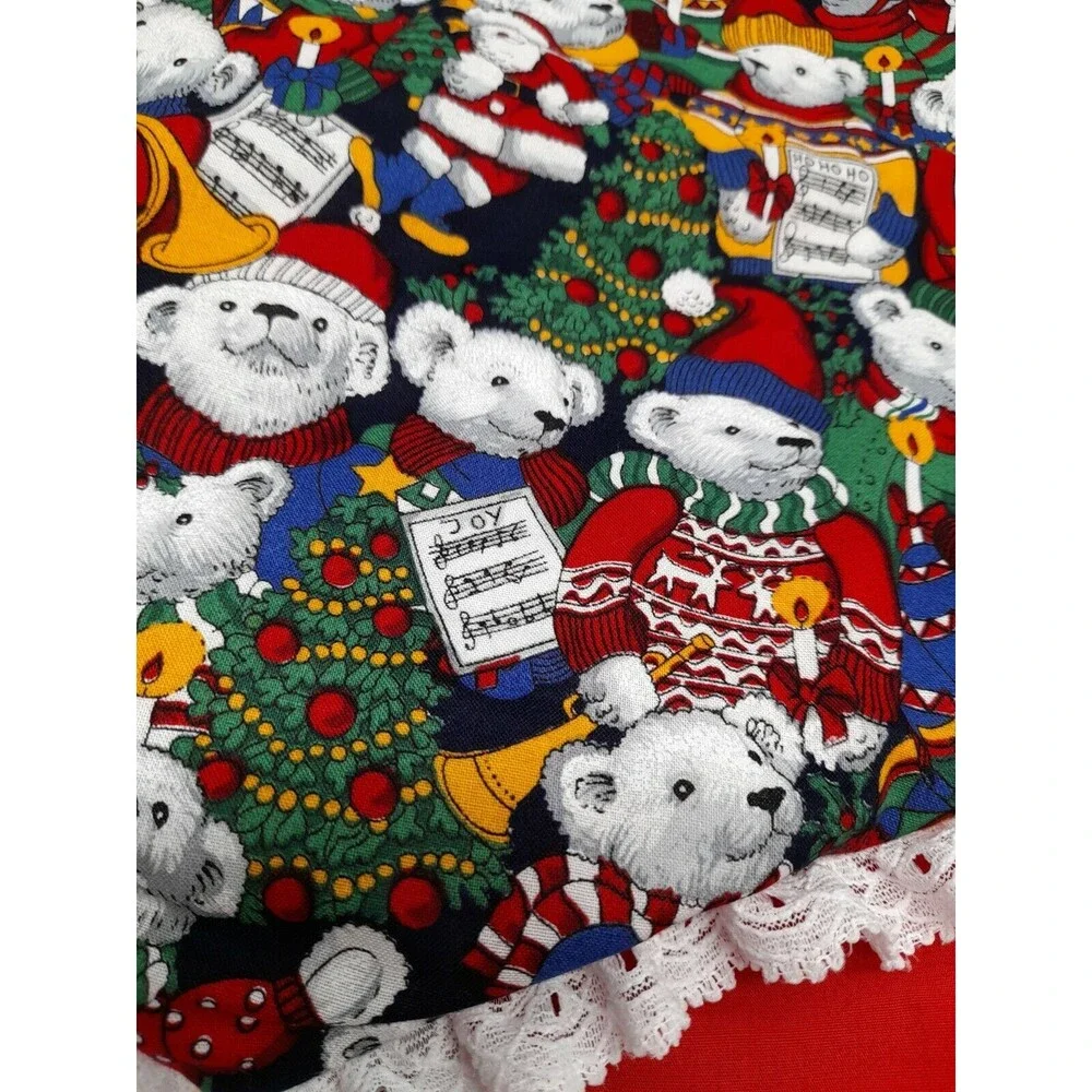 Octagonal Christmas Tree Skirt Red Teddy Bears Chorus Lace Trim Circle Handmade